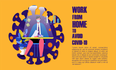 Company Allows Employees to Work from Home for Protection Coronavirus. Man Work with Wear Mask for Protection against Viral Pandemic COVID19 With Cozy Home Situation. Design concept Illustration

