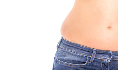 Naklejka premium Fat woman in jeans on a white background.