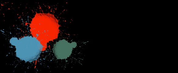 2d illustration. Colorful ink splashes. Paint splatters on bright material. Multi color dots. Watercolor on white paper.