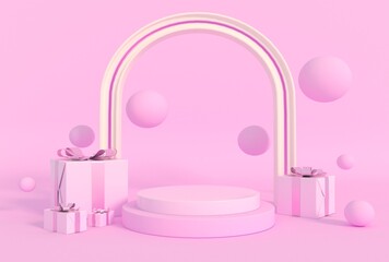 3d abstract background with Christmas ornaments. gift. Round pink podium,minimalist mockup for podium display or showcase, 3d rendering.