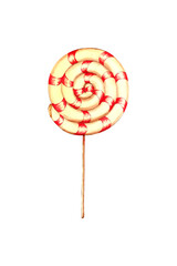 Spiral lollipop in retro style, watercolor illustration, isolated element on a white background.
