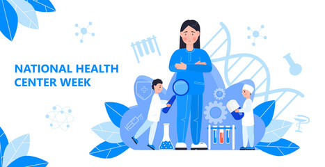 National Health Center Week in August. Healthcare, clinic center concept vector. Tiny doctors treat, diagnose, carry out prevention, webinar. It is for landing page, UI, flyer, medical websites.