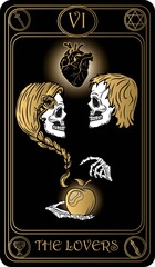 The Lovers. The 6th card of Major arcana black and gold tarot cards. Vector hand drawn illustration with skulls, occult, mystical and esoteric symbols. - obrazy, fototapety, plakaty