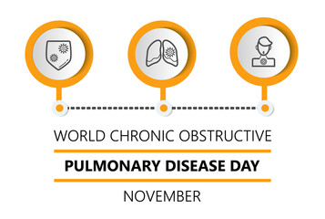 World Chronic Obstructive Pulmonary Disease Day or COPD is celebrated on the third Wednesday of November. Promotion health info-graphic banner, illustration for web. Lungs, doctor, shield icon.
