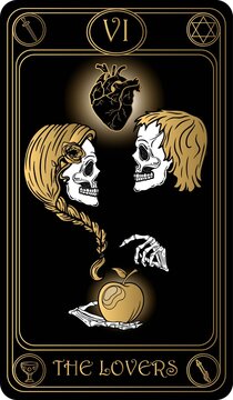 The Lovers. The 6th card of Major arcana black and gold tarot cards. Vector hand drawn illustration with skulls, occult, mystical and esoteric symbols.