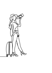 continuous line drawing, The girl is waiting to go on a trip. 