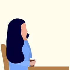A woman is sitting at a table in a cafe and talking on a cell phone. Girl with coffee vector illustration, flat design, flat design
