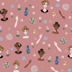 Vector ladies Art Deco tea party rose scattered seamless background pattern