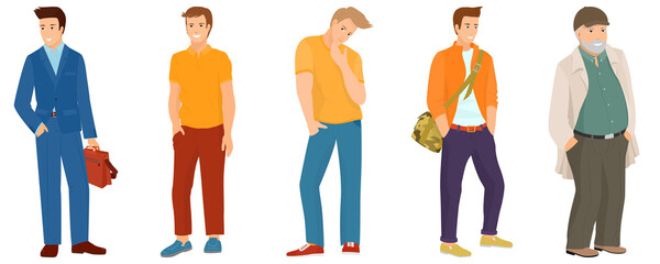 Men of different ages in different clothes. Account avatar. Isolated on white. Vector in a flat style. Happy people. Set of men in full growth for design.