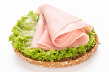 Sandwich with pork ham on white background.