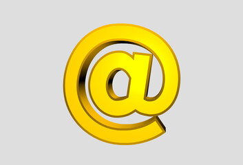 Internet Mail Email Sign. Golden three-dimensional letter on a white background. 3D render illustration.