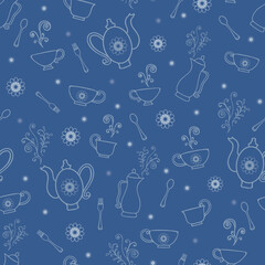 Vector blue texture art deco tea party seamless pattern background. 