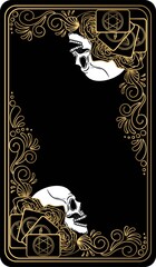 Black and gold tarot cards. The reverse side. Vector hand drawn illustration with skulls, occult, mystical and esoteric symbols. - obrazy, fototapety, plakaty