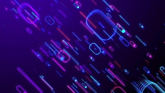 Neon different rounded rectangles elements move in a tilted movement direction, blue red pink violet spectrum, fluorescent ultraviolet light, 4k seamless loop cg animation