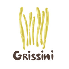 Traditional italian bread Grissini. Takeout cafe dish. Cute flat style. Vector bread sticks illustration without salt or sesame snacks. Food ingredients, crispy product appetizer dish, fastfood