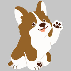 Flat colored brown Corgi sitting waving hand
