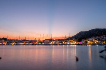 Samos island. Greece. Sea and pythagorion village background by night long exposure