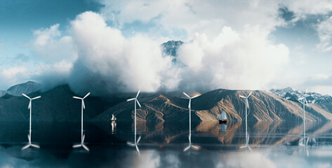 Coastal wind turbine farm park in situated in wilderness scenery with majestic mountain peak above clouds. 3d rendering. © malp