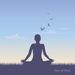 meditating person on summer meadow at sunshine vector illustration EPS10