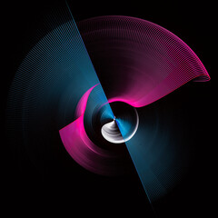 Blue, lilac and gray blades of different sizes and shapes rotate on a black background. Graphic design element. 3D rendering. 3D illustration. Technical symbol or logo. © Svetlana