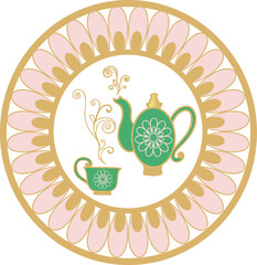 Vector Art Deco tea party tea cup and pot placement print. Great for invitations, embroidery, textile details.
