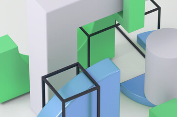 3d rendering of an abstract composition. Minimalistic geometric shapes in empty space and objects of different shapes. Visualization of matte and shiny geometric shapes on a uniform background.