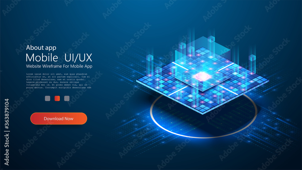 Poster futuristic microchip processor with lights on blue background. quantum computer or block chain of ab