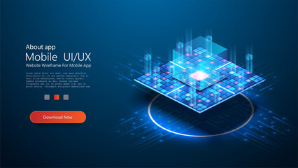 Futuristic microchip processor with lights on blue background. Quantum computer or block chain of abstract finance data. Blockchain fintech technology and mining cryptocurrency. Vector illustration