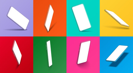 Smartphone frameless blank screen, rotated position. 3d isometric illustration cell phone. Smartphone perspective view for banner,poster,brand,template and label, packing,emblem and advertise. Vector