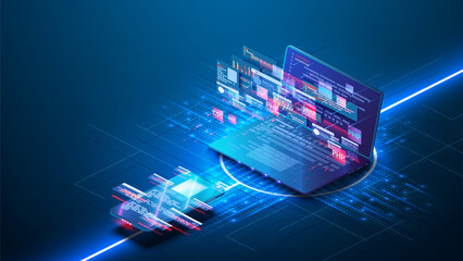 Futuristic web  application development, coding and programming responsive. Programming web banner, blue. Responsive design landing page. Technology software of business. Program code on screen laptop