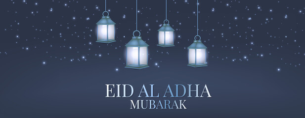 Eid Al Adha Mubarak banner or header. Muslim holiday of sacrifice. Islam religious celebration. Arabic design concept. Golden lanterns and stars, calligraphy lettering. Vector illustration.