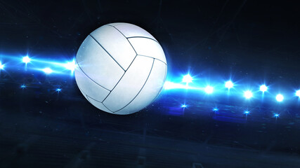Obraz premium Flying Volleyball Ball And Shiny Spotlights Behind. Digital 3D illustration of sport equipment for background use. 