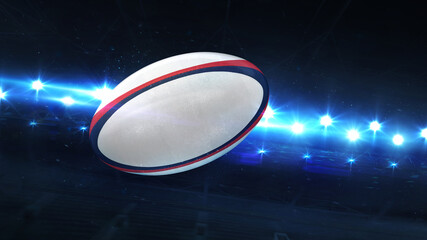 Flying Rugby Ball And Shiny Spotlights Behind. Digital 3D illustration of sport equipment for background use.