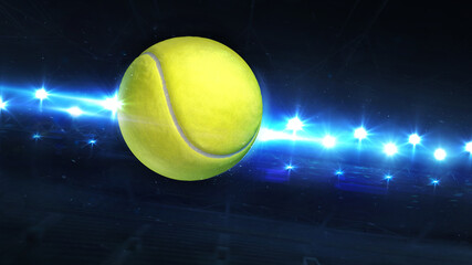 Flying Tennis Ball And Shiny Spotlights Behind. Digital 3D illustration of sport equipment for background use.