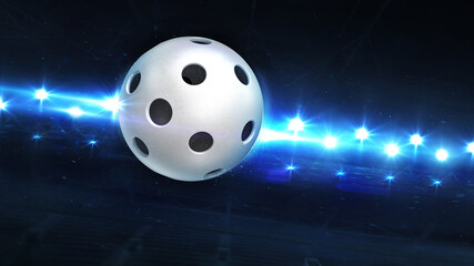 Flying Floorball Ball And Shiny Spotlights Behind. Digital 3D illustration of sport equipment for background use.