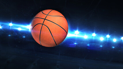 Obraz premium Flying Basketball Ball And Shiny Spotlights Behind. Digital 3D illustration of sport equipment for background use.