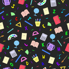 Seamless pattern school items backpack book notebook pen calculator paintbrush letters ruler Back to school . Concept education. Vector illustration.