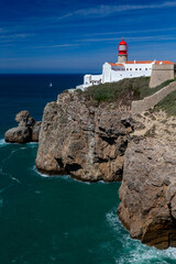 Fototapeta na wymiar The Lighthouse at Cape St. Vincent or Cabo de Sao Vicente, the southwesternmost point of mainland Europe in Portugal.