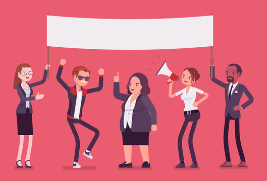 Strike demonstration mass group with mock up protest poster. Social active gathering, people meeting for public picketing, political campaign for workers. Vector flat style cartoon illustration