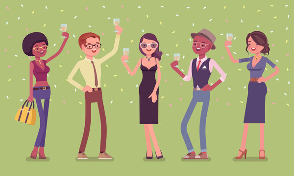 Young happy people with celebration drinks. Friends gathering for enjoyable anniversary celebration, cute birthday party, wedding, graduation or corporate event. Vector flat style cartoon illustration