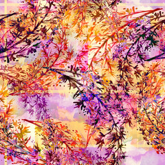 Obraz na płótnie Canvas Watercolor seamless abstract background, pattern. Watercolor card, greeting card of multicolored abstract spot. Plant in watercolor. Abstract spot, grass.Sakura branch, lilac, bird cherry, flowering 