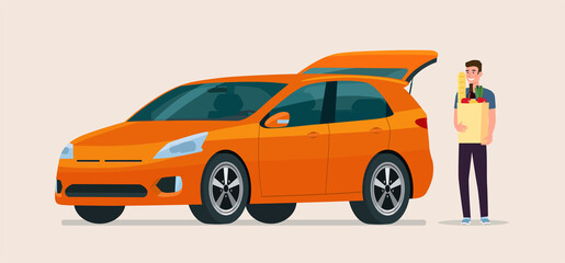 Young man carry grocery bags in car. Vector flat illustration.