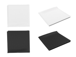 Folded scarf, shawl, kerchief, bandana, handkerchief, rag, cloth, towel, napkin. Different angle. Black and white moсkup, template for design presentation. 3d render.