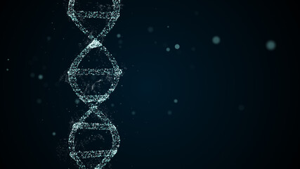 DNA molecule sequence of abstract particles on blue space background.