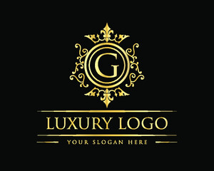 Fototapeta na wymiar Ornamental Gold luxury vintage monogram floral decorative logo design with crown vector