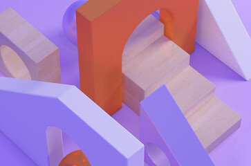 3d rendering of an abstract composition. Minimalistic geometric shapes in empty space and objects of different shapes. Visualization of matte and shiny geometric shapes on a uniform background.