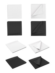 Black and white set of scarf, shawl, kerchief, bandana, handkerchief, rag, cloth, towel, napkin. Template for design presentation. Different angle. 3d render.