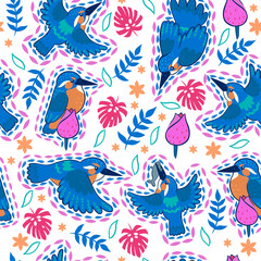 Fototapeta premium Kingfisher seamless pattern on white background. Vector graphics.