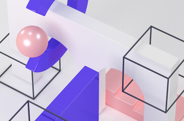 3d rendering of an abstract composition. Minimalistic geometric shapes in empty space and objects of different shapes. Visualization of matte and shiny geometric shapes on a uniform background.