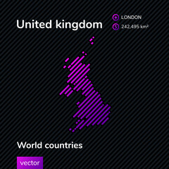Vector sign of United kingdom in black and violet colours. Striped geografic map